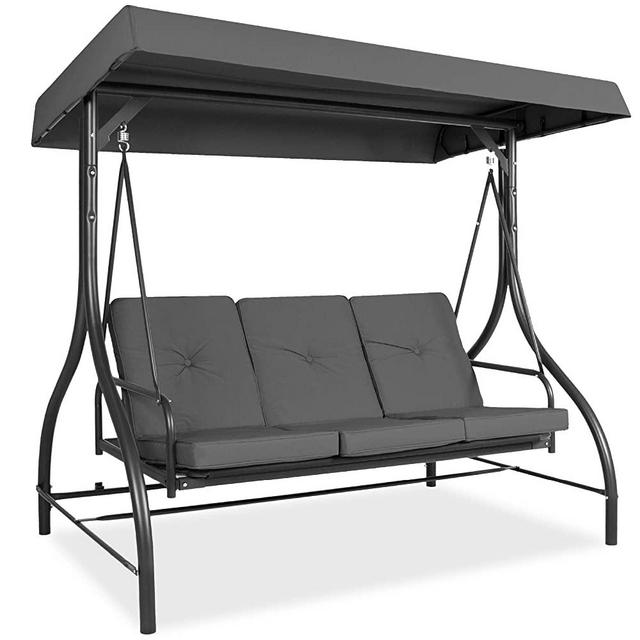 Best Choice Products 3-Seat Outdoor Large Converting Canopy Swing Glider, Patio Hammock Lounge Chair for Porch, Backyard w/Flatbed, Adjustable Shade, Removable Cushions - Gray