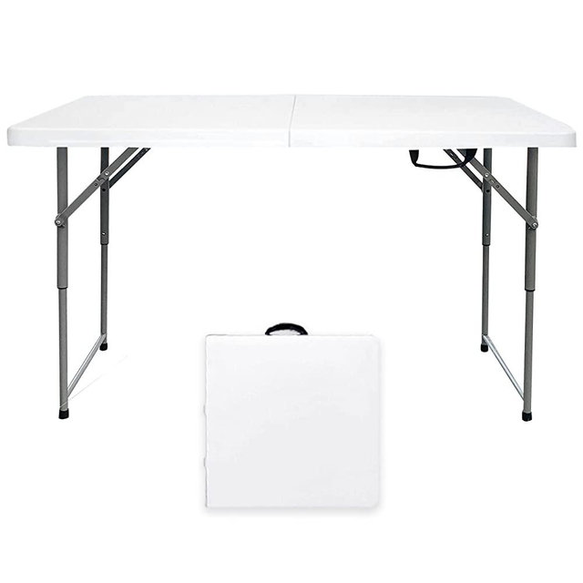 Go-Trio Folding Tables 4 Foot Lightweight, Foldable Table Adjustable Height Utility Table Indoor Outdoor, Portable Plastic Picnic Party Dining Camping Tables, Fold in Half Table, White Granite (4ft)