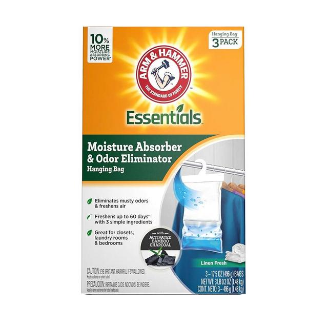 Arm & Hammer Essentials Hanging Moisture Absorber and Odor Eliminator, 17.5 oz., 3 Pack, Linen Fresh, Moisture Absorbers for Closets, Laundry Rooms and Bedrooms, Long-Lasting Freshness