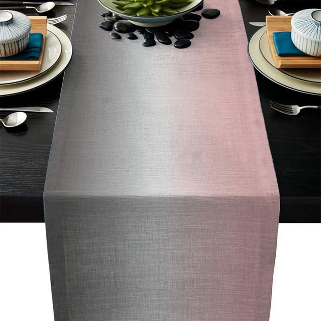 LeoHome Ombre Cotton Linen Rectangle Table Runners 13''x70'', Gradient Pink and Grey Luxury Table Runners for Wedding Party Banquet Dinner Decor