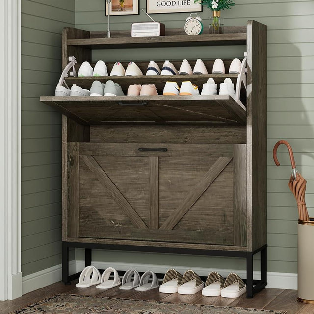 GRUSIGN Shoe Cabinet, Shoe Storage Cabinet with 2 Flip Drawers & Adjustable Shelf, Space-Saving Shoe Organizer – Holds 16+ Pairs, Narrow Shoe Cabinet Storage for Entryway/Hallway（Grey）