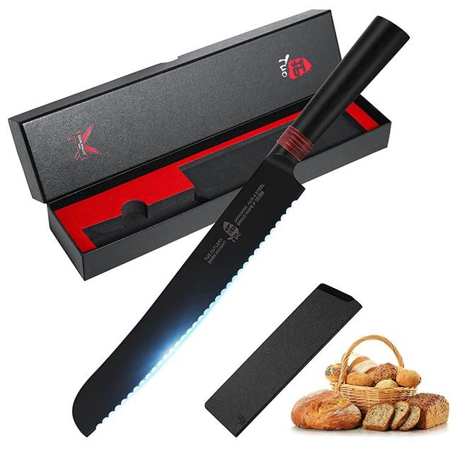 TUO Bread Knife 9" - Serrated Bread Cutter Cake Carving Knife Black Titanium coated Blade - Japanese AUS-8 Stainless Steel Comfortable Pakkawood Handle - Dark Knight Series with Sheath & Gift Box