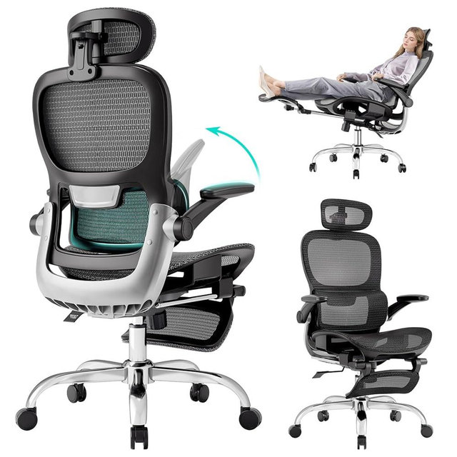 Ergonomic Office Chair with Adaptive Backrest, SGS Class 4 Gas Clylinder and Flip-Up Armrests, Breathable Mesh, Adjustable Headrest (Black and Grey)
