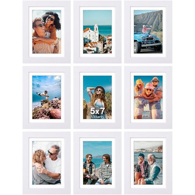 Vittanly 5x7 Picture Frames Set of 9, Shatter Resistant Plexiglass, Display 4x6 Pictures with Mat or 5x7 without Mat, Photo Frames for Wall or Tabletop, Engineered Wood, White