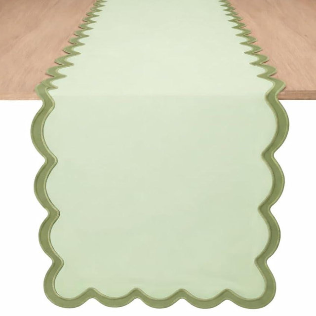 Folkulture St Patricks Day Table Runner 108 inches Long, Spring Table Runner - Scalloped Sage Green Spring Decor for Easter Decorations - House Warming Gifts New Home Essentials, 100% Cotton