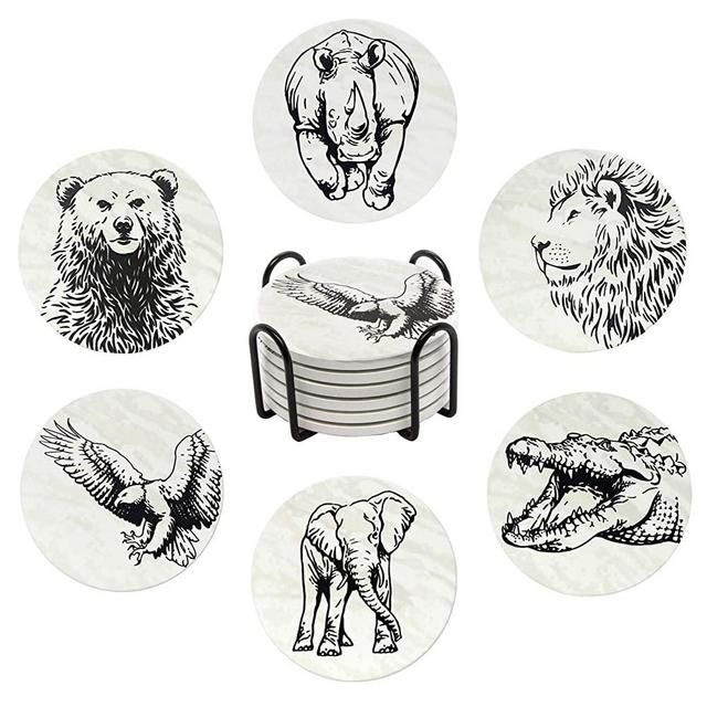 Coasters for Drinks | 6-pcs Drink Coaster Set with Holder | Absorbent Coasters | Water Absorbent Ceramic Coasters Cork Base | Animal Coasters for Housewarming Gifts for Table and Bar Decorations