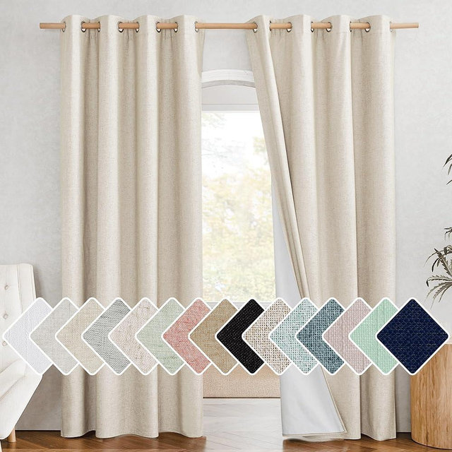 NICETOWN 100% Absolutely Blackout Linen Curtains with Thermal Insulated White Liner, 52" Wide, 2 Panels, 84 inches Long Drapes, Grommet Retro Beige Linen Curtains Vertical Drapes Privacy for Bedroom