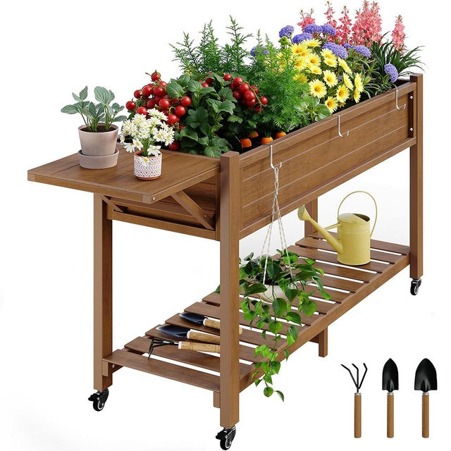 YEFU Raised Garden Bed with Legs: 57x18x30in Weight Capacity 400lb - Waterproof Raised Planter Box with Wheels - Elevated Garden Bed with Storage Shelf - Weather Resistant - for Deck/Patio/Porch/Teak