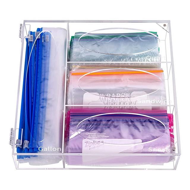NPPLUS Ziplock Bag Storage Organizer, Acrylic Baggie Organizer Plastic Bag Dispenser Holder For Gallon Quart Sandwich And Snack, Compatible With Ziploc, Solimo, Hefty, Glad Bags Variety Size - Clear