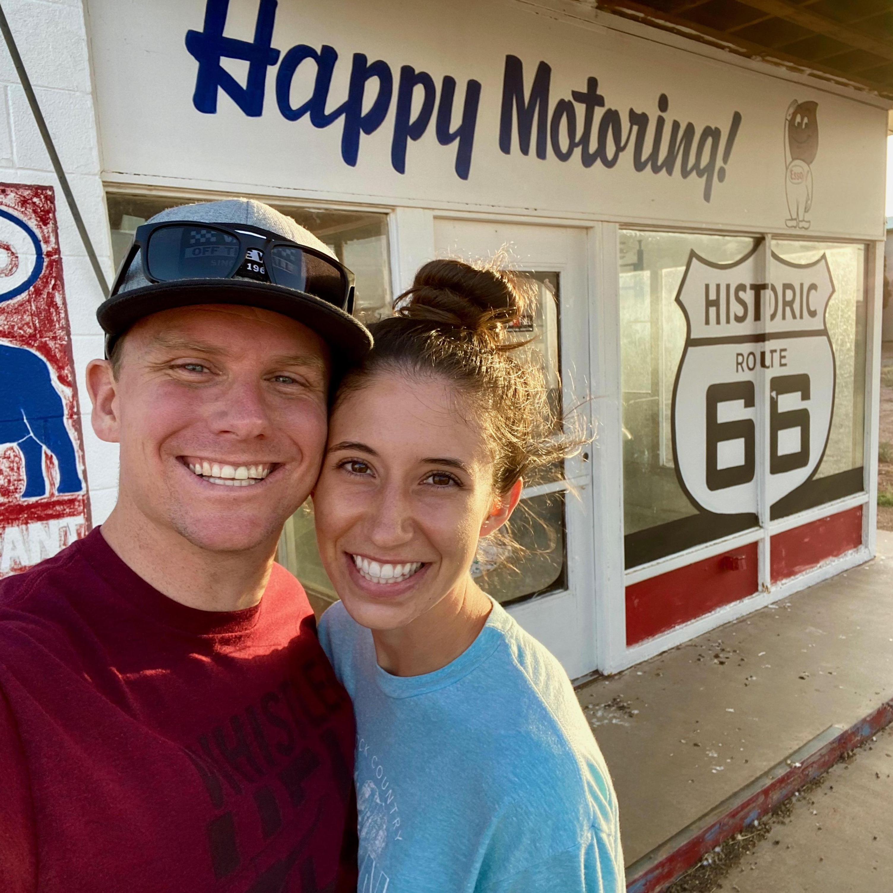 "Happy Motoring" on Route 66 during our cross-country road trip moving Kara out to San Francisco!