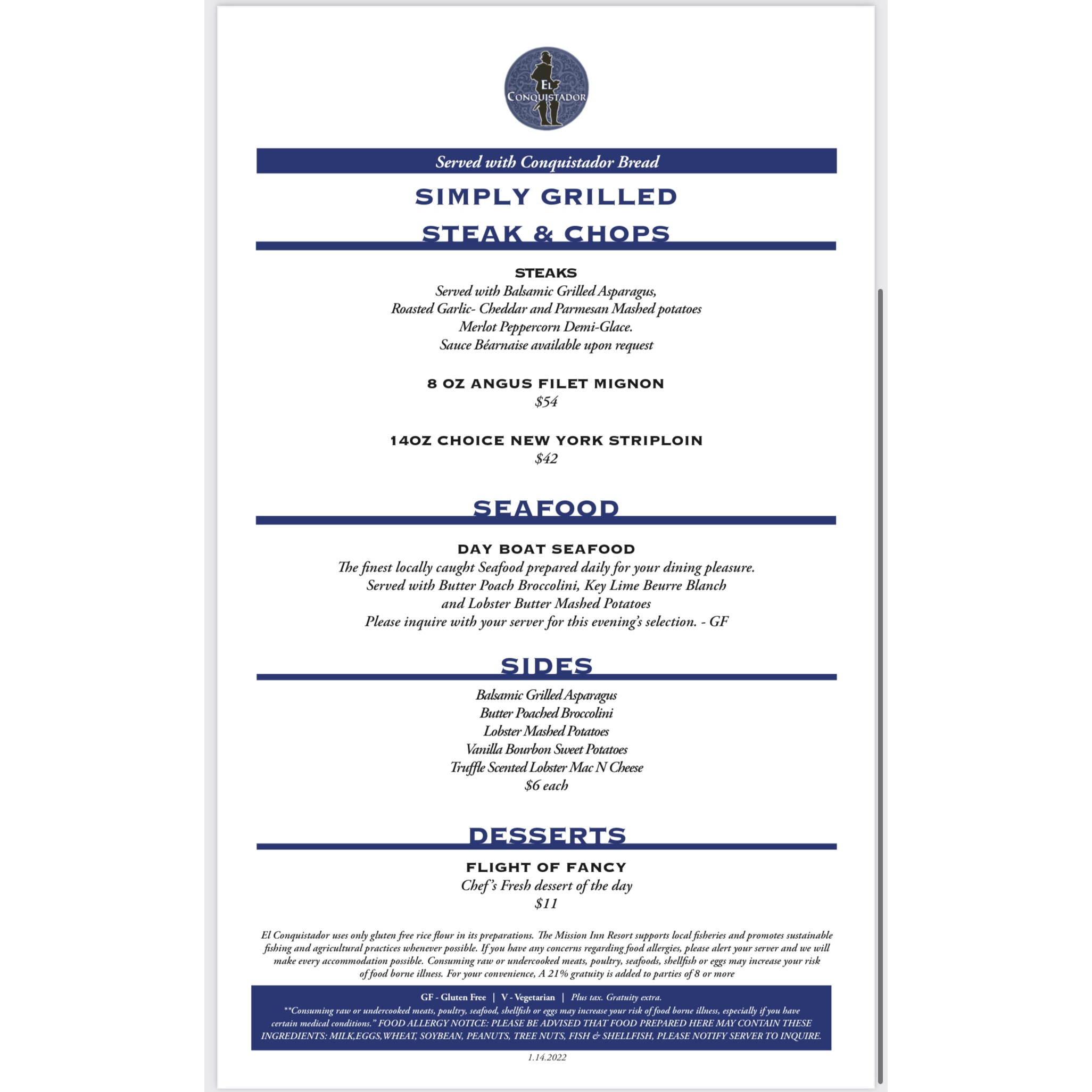 El Conquistador menu page 1