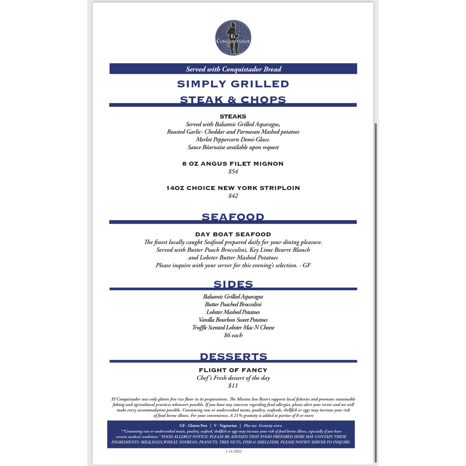 El Conquistador menu page 1