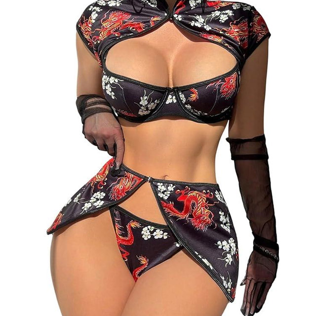 RoseSeek Women's 4 Piece Lingerie Sets Dragon Graphic Mandarin Collar Underwire Bra and Panty Costume Sets