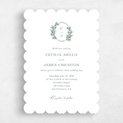 Green Scalloped Wedding Invitation - Vinehall Portrait
