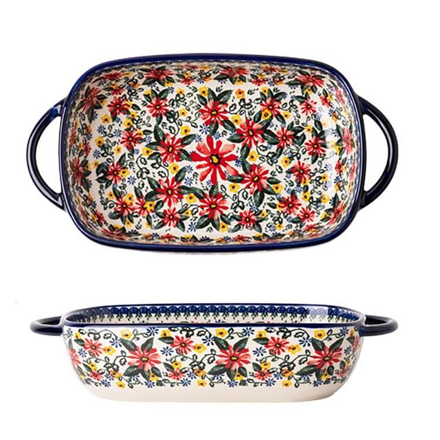 Bicuzat Red Daisy Flower Vintage Style Ceramic Bakeware Casserole Dish Baking Pan Lasagna Pans Baking Dish with Handles for Oven/Cooking/Kitchen-1 PCS, 22 OZ