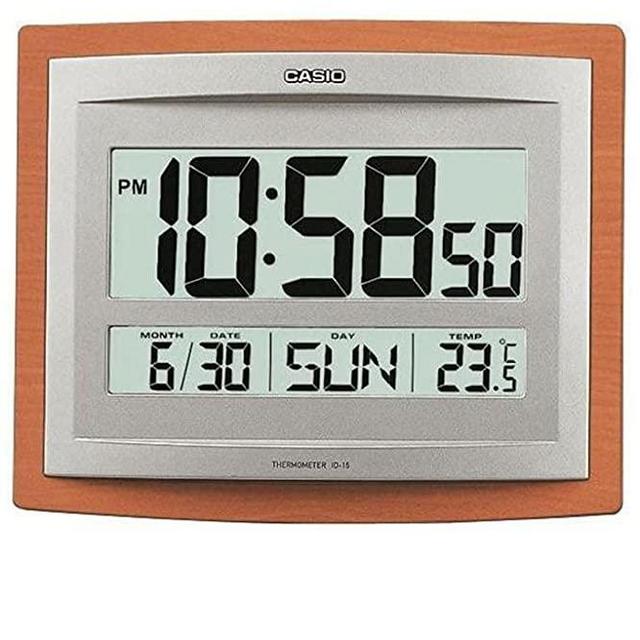 Casio Id-15s-5 Wall and Table Wood Grain Pattern Clock Temperature Digital Auto Calendar Thermo Large Wall Clock Limited Edition Battery Included, Silver and Wood Grain Pattern (ID-15-5DF)