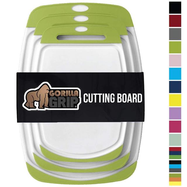 Gorilla Grip Original Oversized Cutting Board, 3 Piece, BPA Free, Juice Grooves, Larger Thicker Boards, Easy Grip Handle, Dishwasher Safe, Non Porous, Extra Large, Kitchen, Set of 3, Lime Green