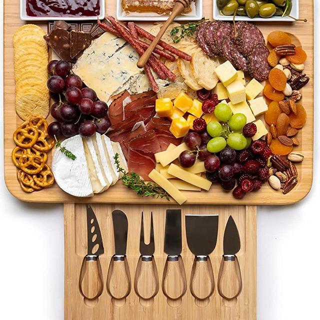 TMD Cheese Board and 6 Knife Set – Beautiful Cheese Board Set with 3 Ramekins – Step Up Your Hosting Game with Our Charcuterie Boards – Aesthetic Wooden Charcuterie Board Set