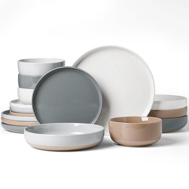 Famiware Milkyway Stoneware Dinnerware Sets with Pasta Bowls, Service for 4 (16 Pieces), Plates and Bowls Sets -Scratch Resistant, Microwave and Dishwasher Safe Dishes Set, Multi-color
