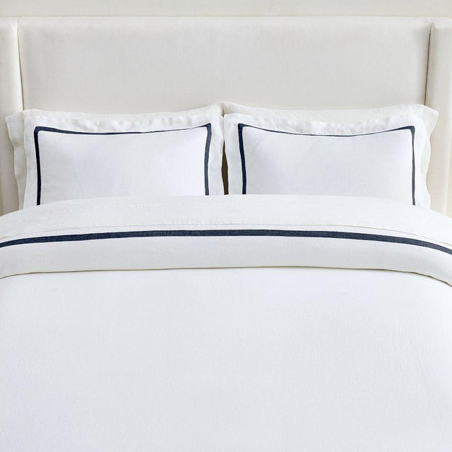 Belgian Flax Linen Frame Duvet Cover, White/Midnight, King/Cal. King