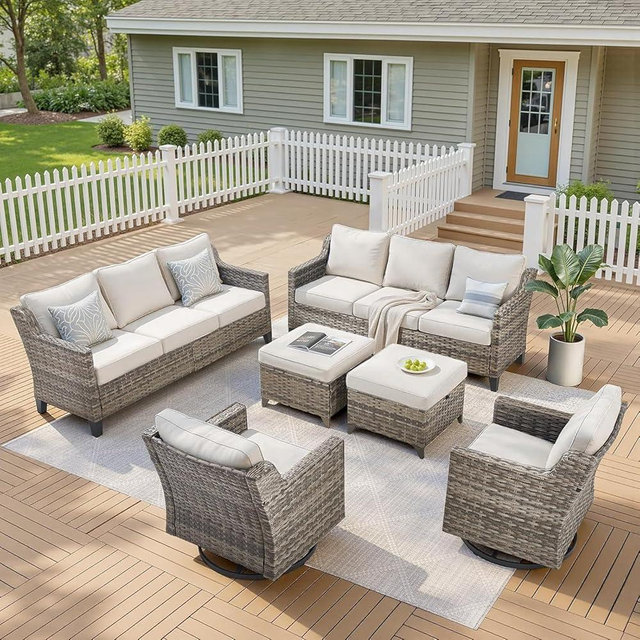 Jelwaly Outdoor Patio Furniture Set-6 Pieces High Back Outdoor Furniture Set Sectional Sofa with Wicker Swivel Rocker Patio Chairs,Thick Cushions Ottomans for Porch Balcony Patio Deck Grey/Beige