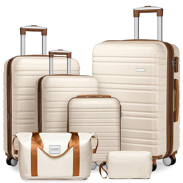 LARVENDER Luggage Sets 6 Piece, Expandable Hardside Carry on Suitcase Set with Spinner Wheels, Lightweight Rolling Luggage for Men and Women with TSA Lock, Cream White