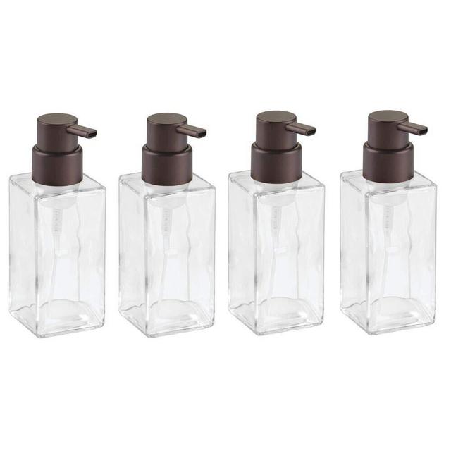 mDesign Modern Square Glass Refillable Foaming Hand Soap Dispenser Pump Bottle for Bathroom Vanities or Kitchen Sink, Countertops - 4 Pack - Clear/Bronze