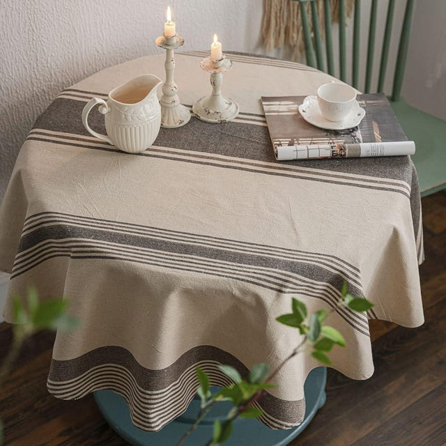ArtBud Brown Burlap Cotton Linen Table Clothes Farmhouse Tablecloth Striped Picnic Table Cover Heavy Fabric Table Top Coffee Kitchen Décor Round 60 inch