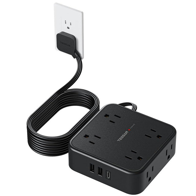 Power Strip Surge Protector 10 Ft Cord, 8 AC Outlets, 3 USB Charger (1 USB C Port), Thin Flat Extension Cord 10 Feet, Flat Plug, 900 Joules Protection, for Home, Office, Dorm Room Essentials, Black