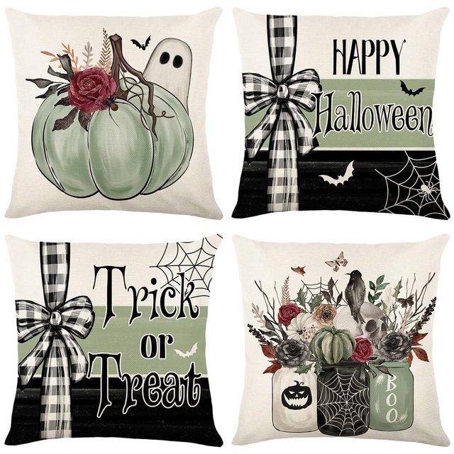 MAZSHTTD Happy Halloween Pillow Cover 18x18 Inch Green Pumpkin Trick or Treat Throw Pillow Covers Halloween Outdoor Decorative Pillow Covers for Halloween Home Sofa Bed Couch Pillow Decor, Floral