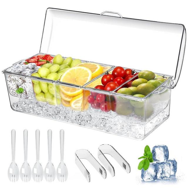 Large Ice Chilled Condiment Caddy，Chilled Condiment Containers Server with Lids for 5 Removable Compartments (2.5 cup)，Serving Platters , Fruit & Garnish Tray for Party Supplies & Bar Accessories