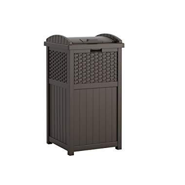 Suncast 33 Gallon Outdoor Trash Can for Patio - Resin Outdoor Trash Hideaway with Lid - Use in Backyard, Deck, or Patio - Brown
