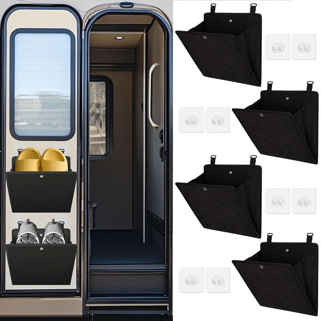 PUGPIU RV Camper Shoe Storage 4 Pack - Foldable Wall Mounted Shoe Rack Organizer - Self-Adhesive Rv Shoe Holder - Space Saving for Camper Essential Home Travel with Deep Pocket Fit 1 Pair Shoes, Black