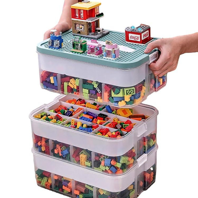 Plastic Storage Organizer for Lego Box Kids Child Toy Stackable Containers with Lids Bins 3 Layers Adjustable Compartments Building Blocks Chest Case