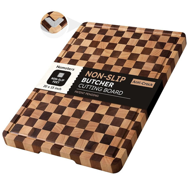 Nomsters Cutting Boards for Kitchen Checkered Cutting Board 20in Acacia Wood Charcuterie Board Serving Heavy Duty Non Toxic Slip Over Sink Butcher Block Wood Chopping Board with Juice Grooves Handles