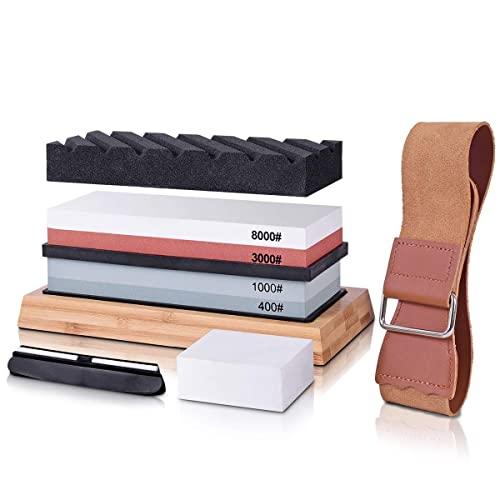 Knife Sharpening Stone Set,Knife Sharpener Set，Dual Grit Whetstone 400/1000 3000/8000 Premium withNon-slip Bamboo Base, Flatting Stone, Angle Guide and Leather Strop included