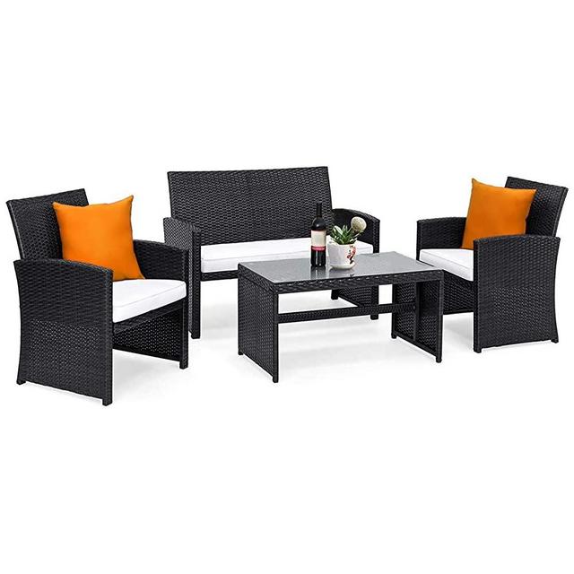 Goplus 4-Piece Rattan Patio Furniture Set with Weather Resistant Cushions and Tempered Glass Tabletop for Garden Lawn Pool Backyard Outdoor Sofa Wicker Conversation Set (Mix Black)