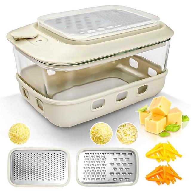 Cheese Grater with Glass Container and Lid,Glass Storage Containers with Silicone Sleeves,Stainless Steel Box Grater with 2 grating,for Vegetables,Chocolate & Nutmeg,for Microwave, Dishwasher, Oven