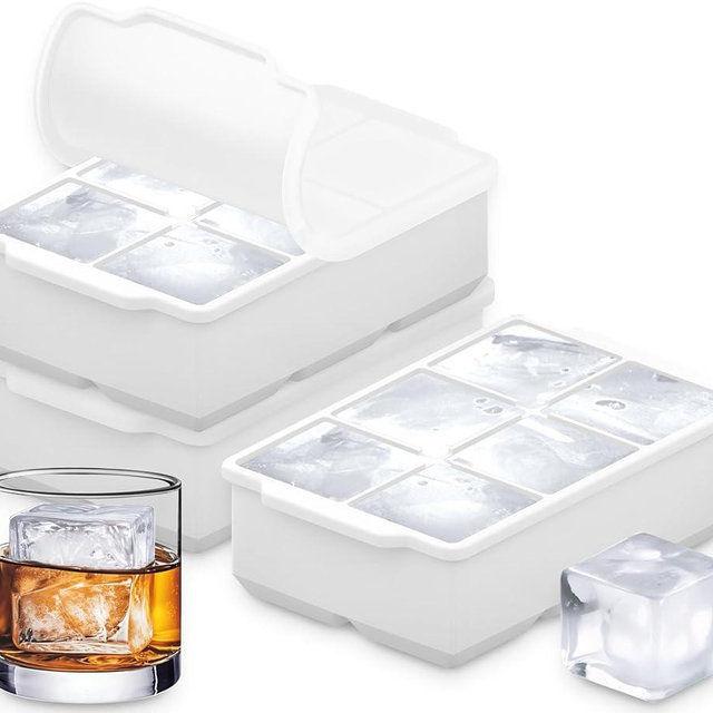 KitchFort Large Silicone Ice Cube Tray (3-Pack), Easy Release 2" Big Ice Cubes - Cocktail, Whiskey Ice Cubes Mold - Ice Trays for Freezer with Lid - Stackable Silicone Ice Tray - White