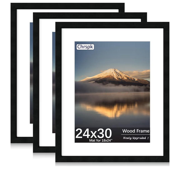 24X30 Poster Frame, Display Pictures 18X24 with Mat or 24X30 Without, Wall Hanging Frames, Black, 3 Pack