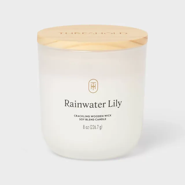 Milky Glass Wooden Wick Rainwater Lily Jar Candle 8oz - Threshold™