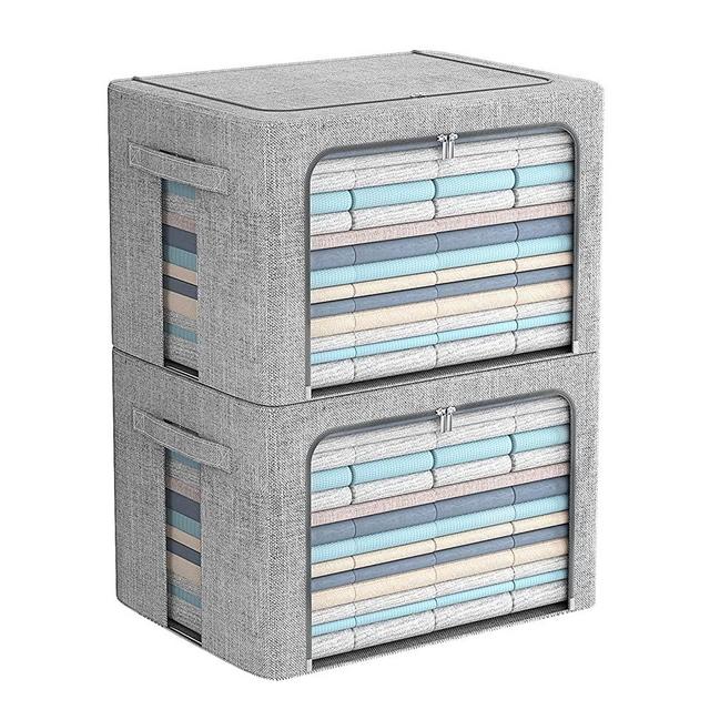 2 Pack Clear Window Storage Bins - Stackable Linen Fabric Storage for Clothes - Foldable Container Organizer Set with Carrying Handles-36L(Light Gray, 15.7X 11.8X 11.7 Inch)
