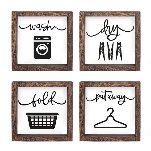 LIBWYS Laundry Sign Set of 4 Wash Dry Fold Put Away Decorative Rustic Handmade Wood Farmhouse Laundry Room Wall Decor (White)