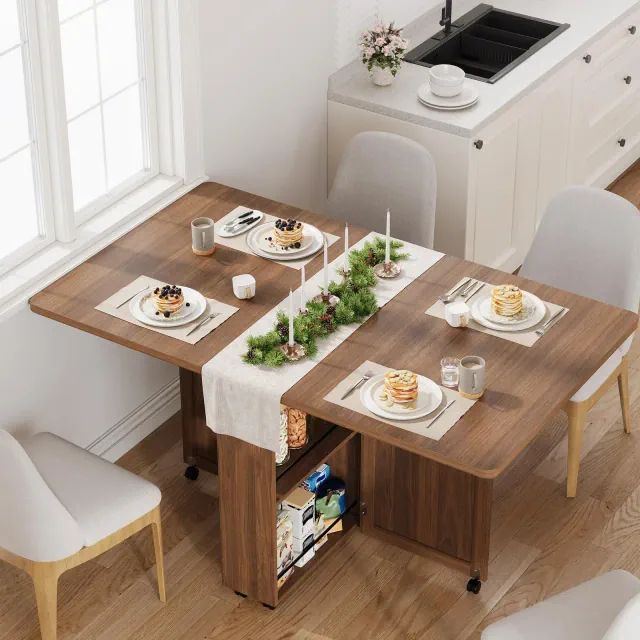 Convertible Folding Dining Table with Storage, Rolling Kitchen Cart Table with Shelves for Small Spaces, Engineered - Brown
