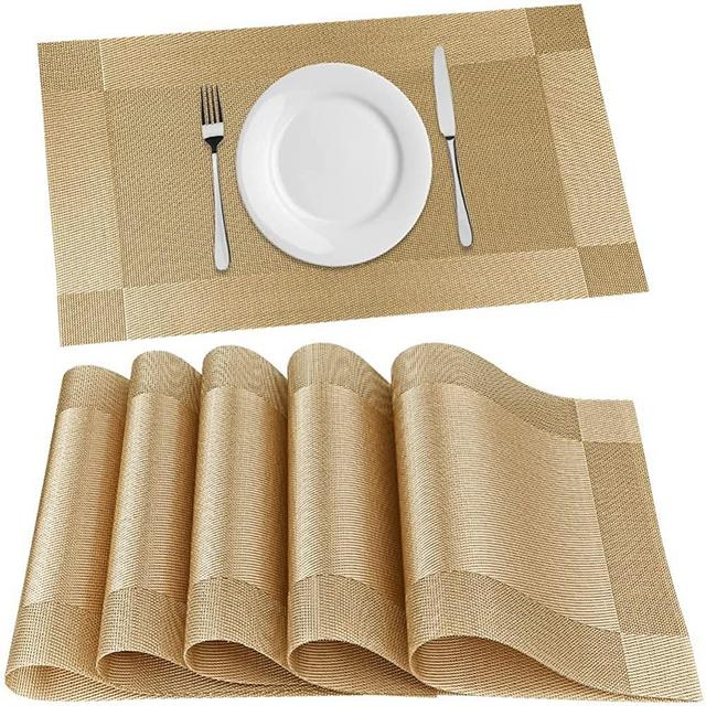 FGSAEOR Placemats Place Mats for Kitchen Dining Table, Heat-Resistant StainAnti-Skid Washable PVC Table Mats, Easy to Cleaning Woven Vinyl Dinner Mats (Gold, 6 Pack)