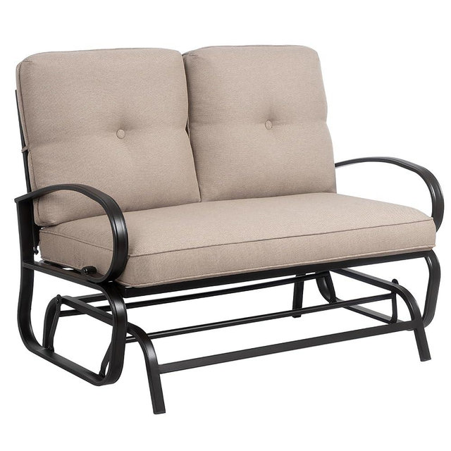 Shintenchi Metal Outdoor Patio Swing Glider Bench, Loveseat Rocking Chair, Wrought Iron Patio Furniture Steel Frame Glider Chair with Cushion for Porch, Balcony, Garden(Khaki)
