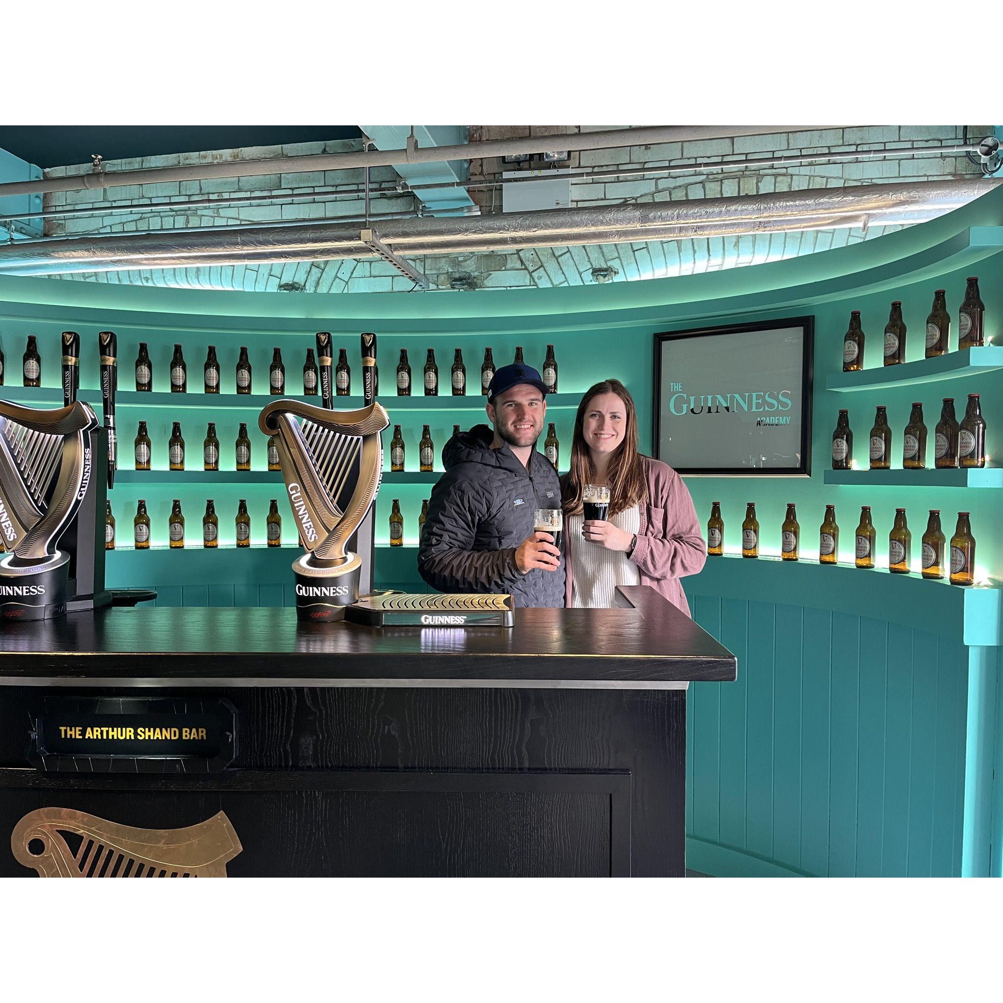 Learning the official way to pour a pint of Guinness at the Storehouse in Ireland.