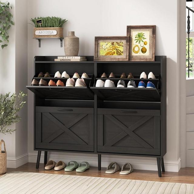 Maupvit Large Shoe Storage Cabinet with 4 Flip Drawers, Freestanding Shoe Organizer with Metal Drawer Hinges for Entryway, Narrow Shoe Rack Cabinet, 5 Sturdy Wooden Legs, Black
