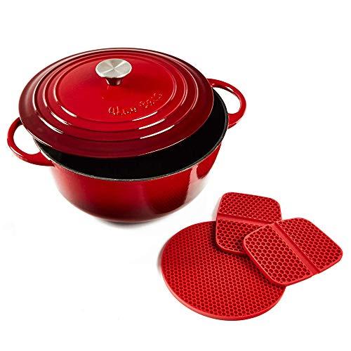Uno Casa Enameled Cast Iron Dutch Oven with Lid - 6 Quart Enamel Coated Cookware Pot with Silicone Handles and Mat