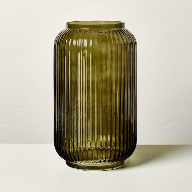 12" Tinted Glass Ribbed Jug Vase Olive Green - Hearth & Hand™ with Magnolia